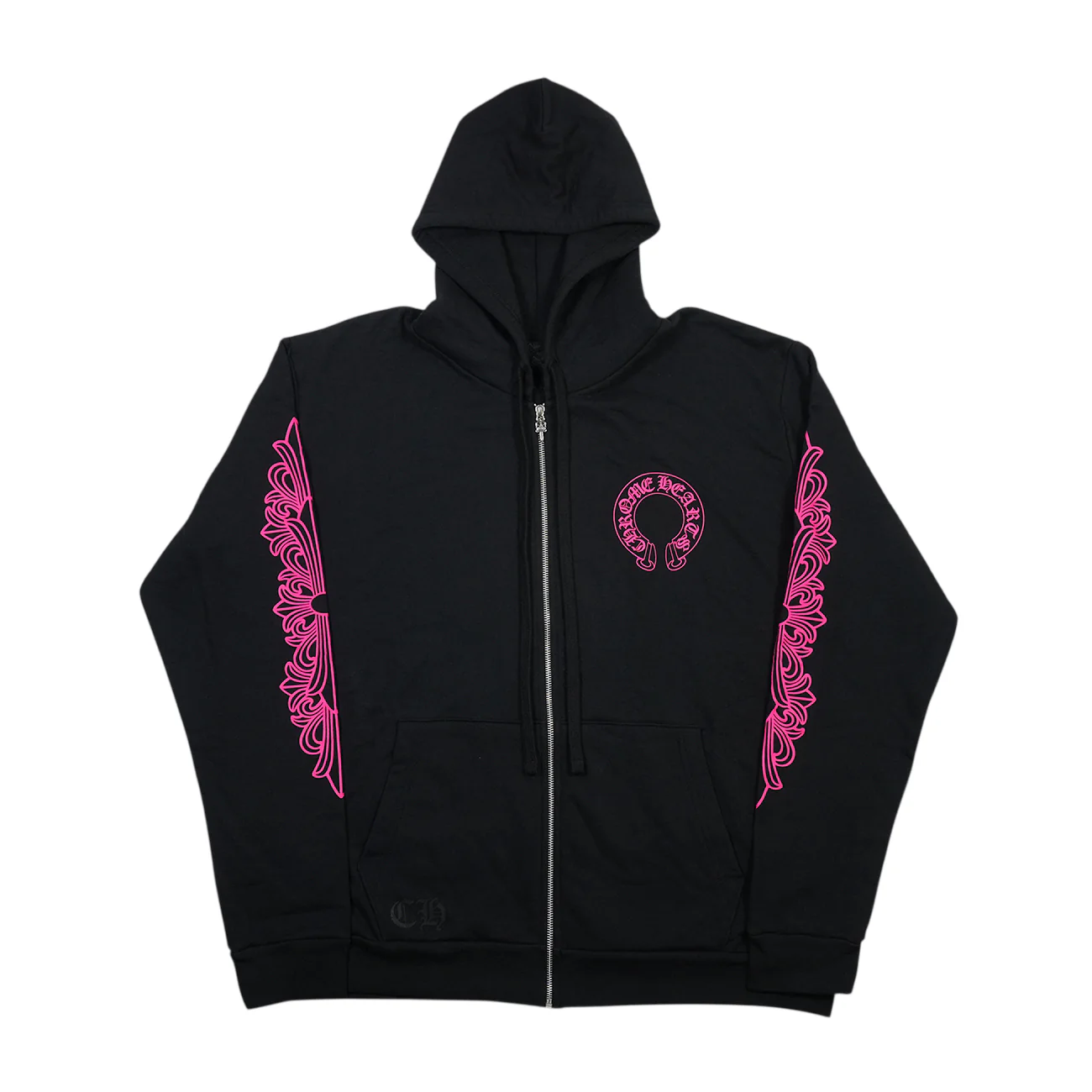 袖フローラルホースシューバックプリント 【ジップパーカー】【ブラック×ピンク】【新品】 SIZE:L