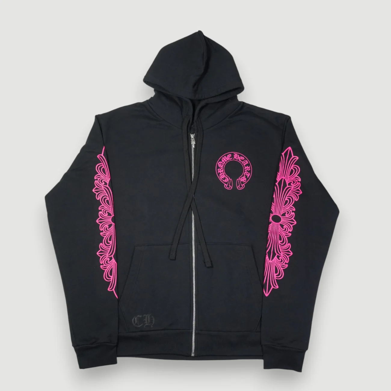 袖フローラルホースシューバックプリント 【ジップパーカー】【ブラック×ピンク】【新品】 SIZE:M